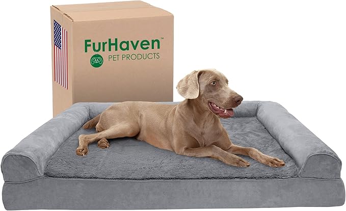 Furhaven Cooling Gel Dog Bed for Large Dogs w/ Removable Bolsters & Washable Cover, For Dogs Up to 125 lbs - Plush & Suede Sofa - Gray, Jumbo Plus/XXL-Mewly Pet