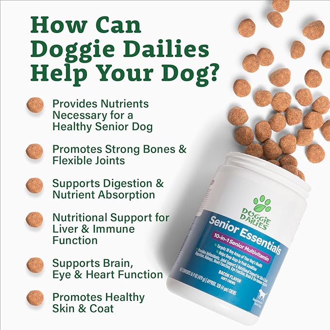 Doggie Dailies Senior Essentials Multivitamin for Dogs Soft Chews | Advanced Dog Multivitamin | Nutritional Support for Joints, Skin & Coat, Digestion, and the Immune System | Bacon Flavor | 120 Count-Mewly Pet