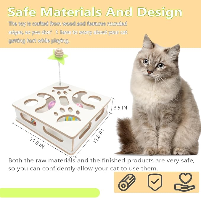 Interactive Wooden Cat Puzzle Toy Box Indoor Hunting Play Toy to Stimulate Your Cat’s Energy and Instincts (White)-Mewly Pet