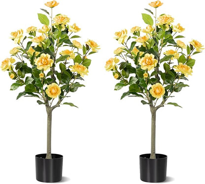 Artificial Camellia Tree 2 Pack, Artificial Plants Outdoor Faux Floral Plant in Cement Pot Fake Silk Camellia Tree Plants for Home House Living Room Office Decor