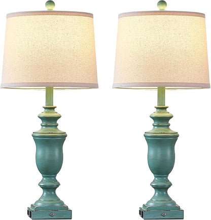 27.5" Set of 2 Farmhouse Table Lamps for Bedroom, 3 Way Dimmable Bedside Lamp with 2 USB +AC Outlet Nightstand Lamps for Living Room Resin Rustic Touch Lamps (Antique Green)