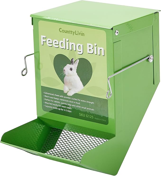Metal Small Animal Feeder with Lid, Heavy Duty, Large Capacity Food Dispenser, Great for Rabbits, Guinea Pigs, Chinchillas and Other Small Animals. (4.6 inch, Green)-Mewly Pet