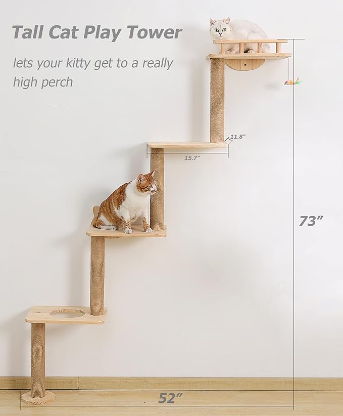 Cat Tree Wall Mounted with 4 Levels Shelves, 73" Wood Corner Tower Inside Kitten Scratching Post for Climbing,Perching and Lounging (Left to Right)-Mewly Pet