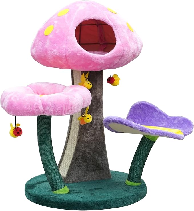Catry® Wonderland 3-Level 31" Cat Tree with Mushroom Condo, Flower Perch, Sisal Scratching Pad, Parts Replaceable, Garden Style with Bee Toys. Multi- Color-Mewly Pet