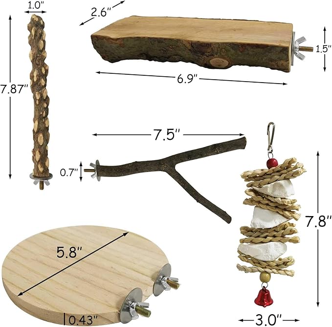 kathson 5PCS Wood Bird Perch Wooden Parrot Stand Toy Parakeet Standing Platform Chew Toys Natural Cuttlebone Paw Grinding Stick Cockatiels Cage Accessories Exercise Toy for Conures Budgies Lovebirds-Mewly Pet