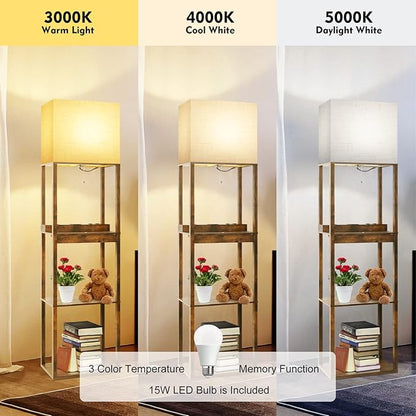 RUNTOP Floor Lamp with Shelves, Plus Shelf Lamp with Wireless Charger, 2 USB Port and Outlet, 1 Drawer, 15W LED Bulb, 3 Colors, Memory Function, Floor Lamps for Living Room, Standing Lamp for Bedroom