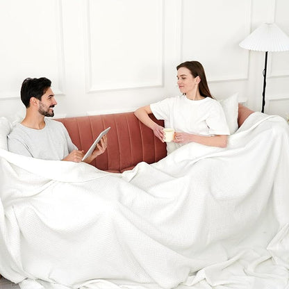 PHF Pre-Washed Cotton Waffle Weave Family Blanket,Oversized King Size 120"x 120"-Snag Proof Lightweight Breathable, 10'x 10' Huge Extra Large Big-Elegant Aesthetic Home Decoration Gift,Cream