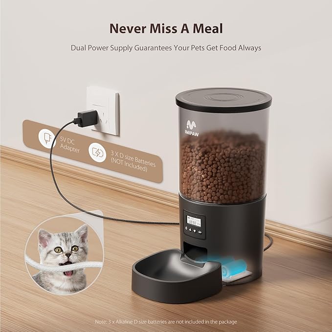 Automatic Cat Feeders, 5L Large Capacity, Timed Feeding Dry Food, Dual Power Design, Programmable Portion Size, 1-6 Meals Per Day, with Desiccant, Suitable for Small Pets Food Dispenser, Black-Mewly Pet