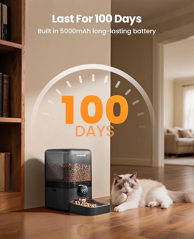 oneisall Cordless WiFi Automatic Cat Feeder, Rechargeable 100-Day Battery Operated Pet Feeder, 20 Cups/5L Timed Cat Food Dispenser for Large Kibble, Smart App Control (Black)-Mewly Pet