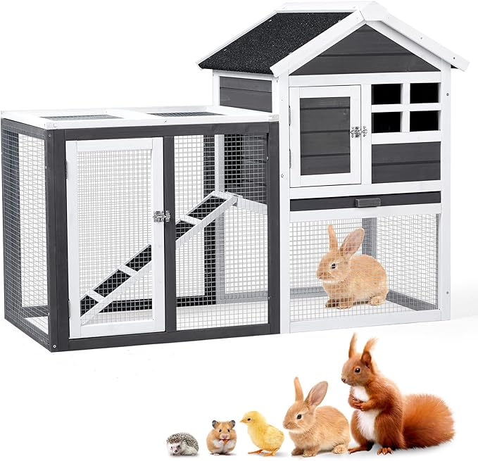 Outvita Rabbit Hutch, Small Wood Chicken Coop, 48" Guinea Pig Cage w/Pull-Out Tray, Waterproof Asphalt Roof, Chicken Run, Interactive Door for Small Animal Pen Outdoor-Mewly Pet