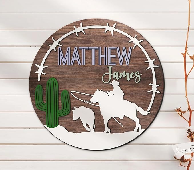 Custom Horse Rider Wooden Nursery Name Sign, Personalized Western Cowboy Baby Name Sign, Baby Shower Gifts for Boy Girl Birthday, Door Hanger Kids Room, Kids Bedroom Door Sign