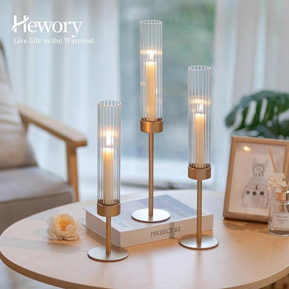 Hewory Gold Hurricane Candle Holders: Brass Candlestick Holders Set of 6 Tall Taper Candle Holders for Candlesticks Candle Sticks Holder Decor for Table Centerpiece Wedding Party Christmas Decorations
