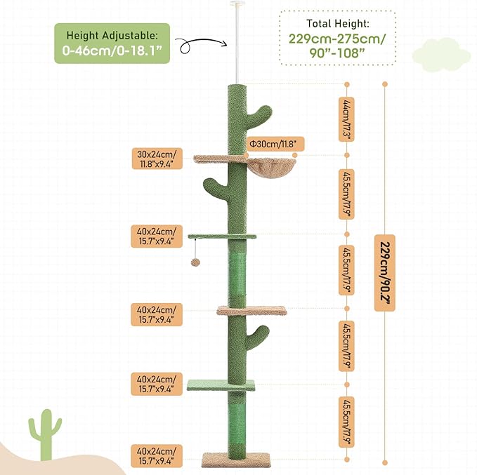 PAWZ Road Cat Tree, Cactus Floor to Ceiling Cat Tower with Adjustable Height(95-108 Inches), 5 Level Cat Climbing Tower with Cozy Hammock, Platforms and Dangling Balls for Indoor Cats-Mewly Pet