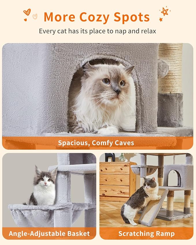 Taoqimiao 56.3-Inch Cat Tree, Cat Tower with Scratching Posts, Cat Tree House for Indoor Cats with hammocks, Toys, Condo and Large Scratch Board, Light Gray MS012W-Mewly Pet