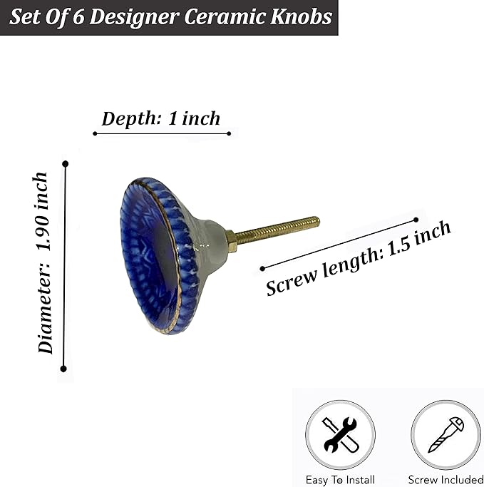 Perilla Home Set of 6 Marrakesh Knob Ceramic Decorative Round Knobs for Home Kitchen Cabinet Hardware Cupboard Glass Door Dresser Wardrobe and Drawer Pulls (Blue)