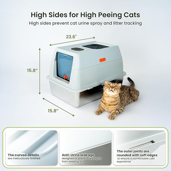 Cattasaurus Stainless Steel XL Cat Litter Box with Lid for Large Cats Up to 40lbs, Removable Kitty Litter Box Enclosure, Top Entry Litter Box, Durable Scoop & Pedal (Stainless Steel - Only Base)-Mewly Pet