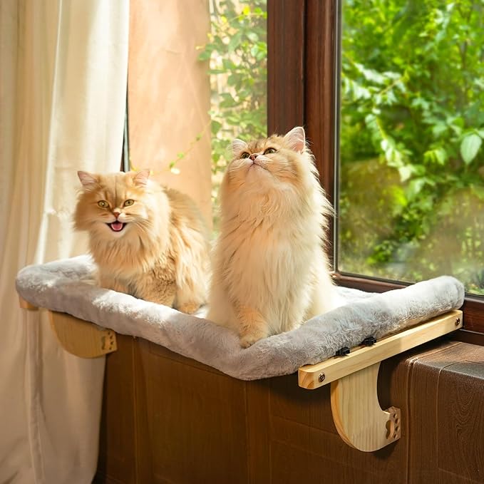 Oversized Cat Window Perch, 31.5 x 14.96 in, Cat Window Hammock with Plush Bolster for Large Felines and Multi Felines, Adjustable Cats Bed for Windowsill, Bedside, Cabinet & Drawer (Gray)-Mewly Pet