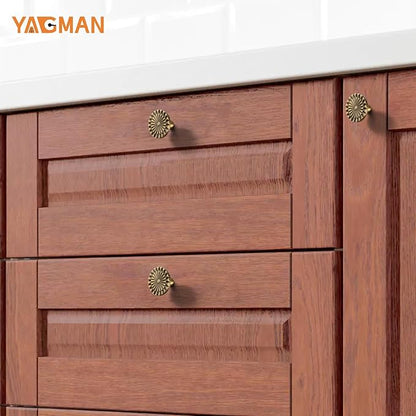 Brushed Antique Brass Cabinet Knobs 6 Pack Kitchen Vintage Round Sunflower Dresser Drawer Hardware Furniture Cupboard Handles for Bathroom Single Hole Knob SH-AB-K6