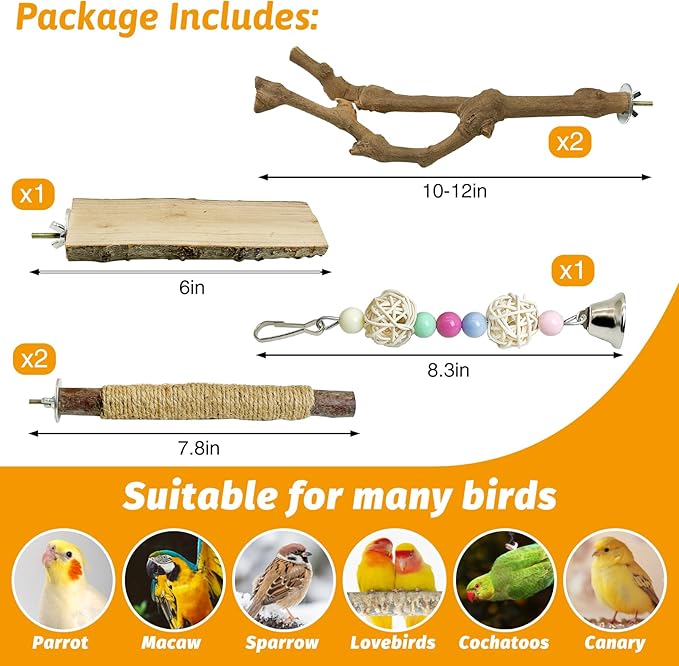 kathson 5pcs Natural Parrot Perch for Cage Wooden Bird Perches Grape Bird Stick Parakeet Climbing Standing Branches Toy Chewable Cage Accessories for Small Budgies Cockatiels Lovebirds-Mewly Pet