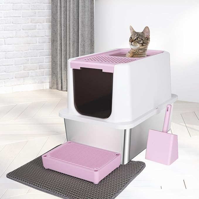 RIZZARI Stainless Steel Cat Litter Box, Odorless Enclosed Litter Box with Top Holes, Large Litter Pan for Small to Large Sized Cats (Dark Pink, 24" L*16" W*18" H)-Mewly Pet
