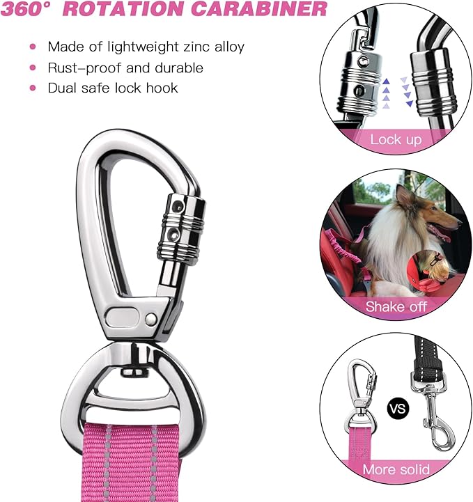 AUBELL Dog Seat Belt for Car,2 Pack Set 3-in-1 Adjustable Reflective Bungee Heavy Duty Dog Car Harness Tether with Clip Hook Latch & Buckle,Swivel Zinc Alloy Carabiner,Black+Hotpink-Mewly Pet