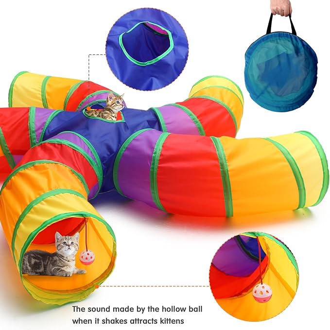 Poen 21 Pcs Cat Tunnel for Indoor Set Collapsible 5 Way Tubes with 20 Pcs Cat Kitten Toys Interactive Feather Toy Mouse Crinkle Balls Tube for Puppy Kitten Rabbit(Colorful)-Mewly Pet