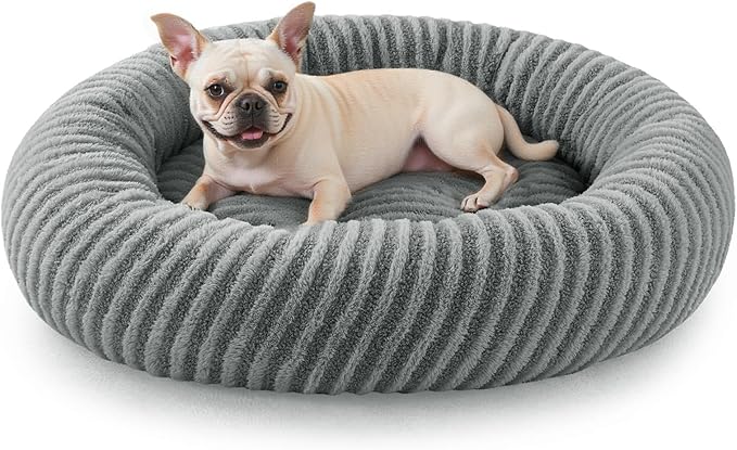 MIXJOY Calming Dog Bed Medium Size, Donut Dog Beds Medium Sized Dogs, Fluffy Plush Faux Fur Round Dog Cat Cuddler with Removable Washable Cover, 30"x30"x8", Grey-Mewly Pet