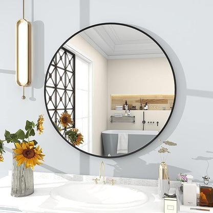 BEAUTYPEAK 30 Inch Round Mirror, Metal Frame Circle Mirror, Wall Mounted for Entryway, Bathroom, Vanity, Living Room, Black