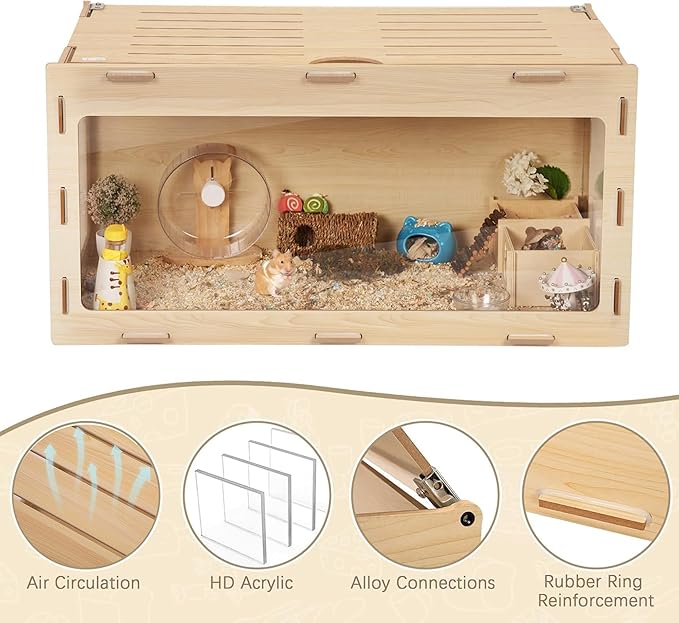 COZIWOW Wooden Hamster Cage Chewproof, Bigger World - 32" Large Hamster Cages and Habitats, Openable Top & 3 Side Acrylic Sheets, Small Animal Cage Pet House for Syrian Dwarf Guinea Pig Chinchilla-Mewly Pet