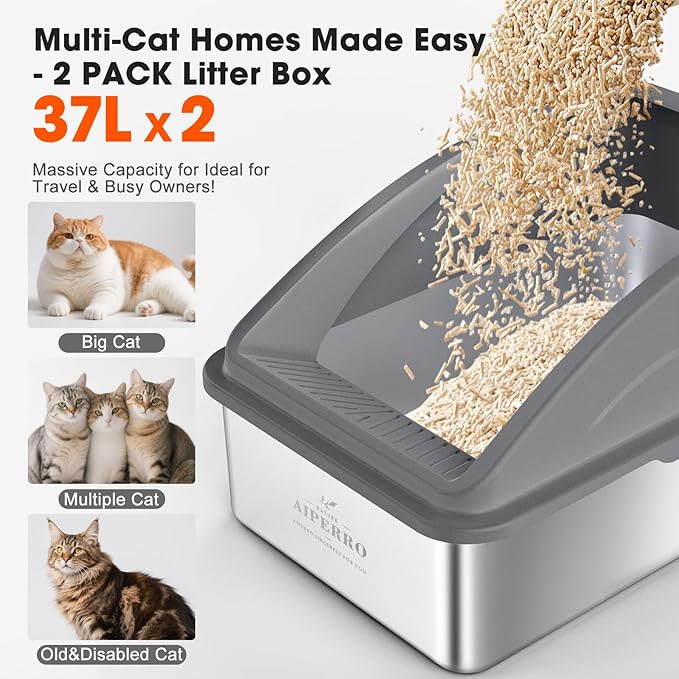 2 Pack Stainless Steel Litter Box | XL Enclosed Cat Litter Boxes with Lid for Big Cats and Multi-Cats | High Sided, Anti-Urine Leakage | Non-Stick Bottom（Multi-Colored）-Mewly Pet