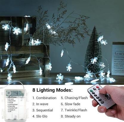 BrizLabs White Snowflake Christmas String Lights, 16.08ft 40 LED Christmas Lights with Remote, Snowflake String Light Battery Operated, 8 Modes Xmas Tree Light Waterproof for Outdoor Indoor Decoration