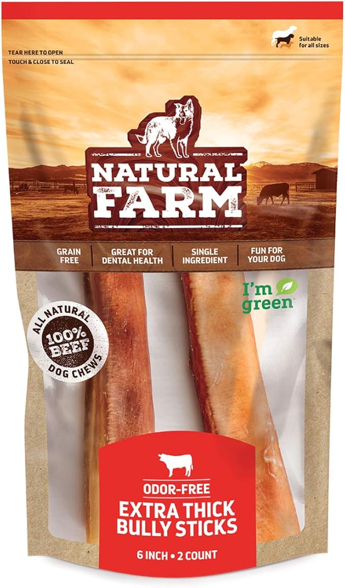 Natural Farm Odor-Free Jumbo Bully Sticks, (6 Inch, 2 Pack), Extra-Thick Chews for Dogs, Fully Digestible 100% Beef Treats, Great for Dental Health, Keep Your Dog Busy with 50% Longer Lasting Chews-Mewly Pet