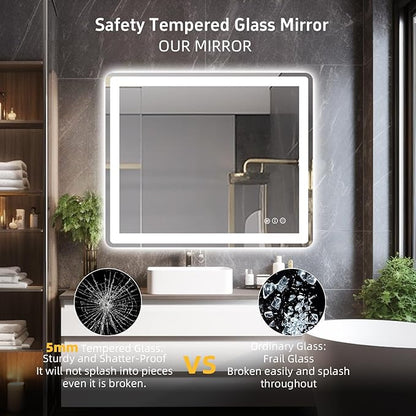 LED Bathroom Mirror 48"x 30" with Front and Backlight, Anti-Fog, Lighted Bathroom Vanity Mirror for Wall, Dimmable, Shatter-Proof, Rounded Rectangle Mirror Tempered Glass(Horizontal/Vertical)