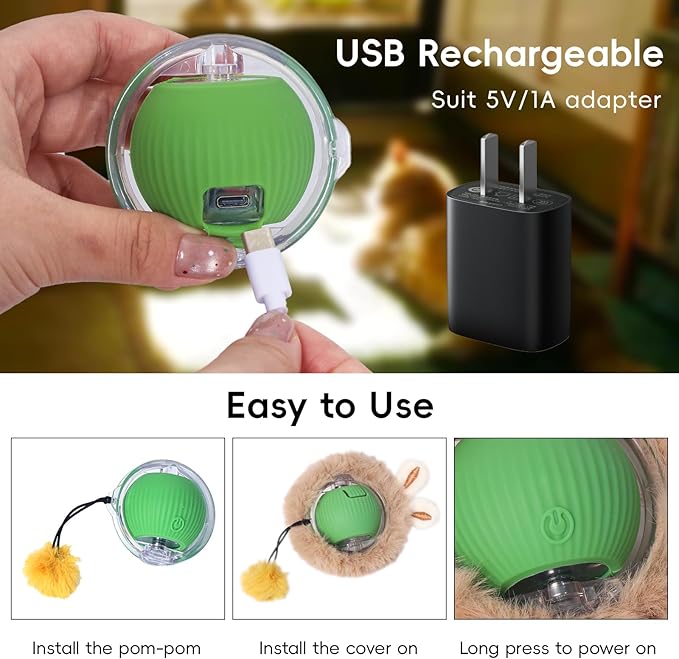 Interactive Cat Toys for Indoor Cats, Fast Rolling Cat Ball Toy in Pouch, Automatic Motion Activated Moving Ball Hide and Seek Exercise Game for Bored Cats, Rechargeable Kitten Toys with LED Light-Mewly Pet