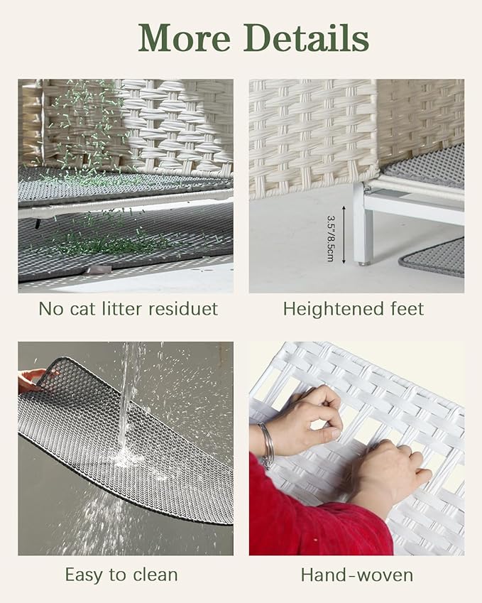 Cat Litter Box Enclosure Furniture with Divider, Handwoven Rattan Litter Box with Mat, 31.2 x 19.6 x 24.2 Inches, Metal Heightened Feet, Hidden Cat House for Living Room, Bedroom (White)-Mewly Pet