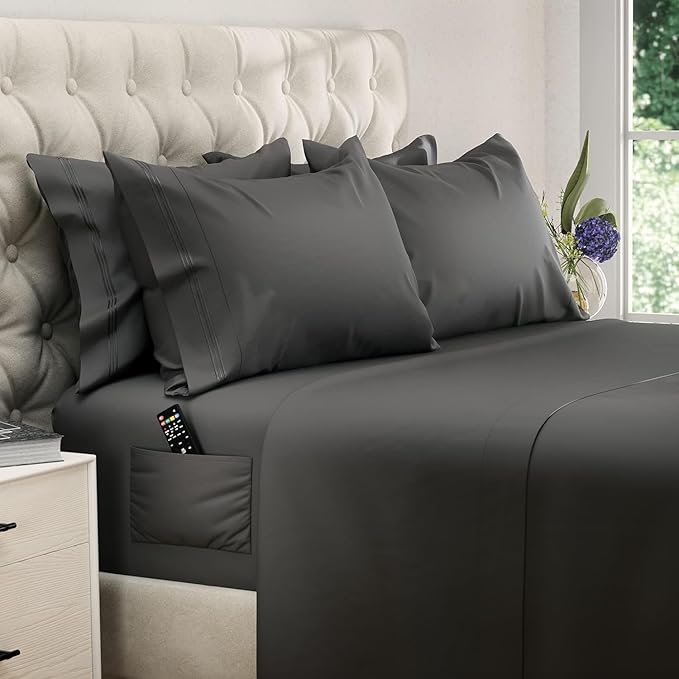 DREAMCARE California King Sheet Sets – 6 pcs Cooling Bed Sheets – up to 15” Deep Cal King Sheets – 2500 Supreme Collection – Extra Soft 100% Brushed Microfiber Hotel Luxury with Side Pocket – Gray