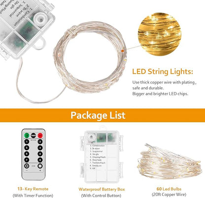 2 Pack 20ft 60 Led Fairy Lights with Remote Timer Waterproof Christmas Decor Battery Operated Twinkle Firefly Lights for Bedroom, Garden, Easter, Party, Christmas Indoor and Outdoor Decorations