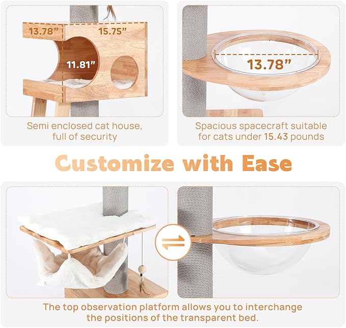 63-inch Modern Cat Tree, Luxury Cat Tower with Scratching Post, Unique Cat Condo with Hammock, Heavy Duty Kitty Climbing Tree for Indoor Cat, Wooden Kitty House for Small Medium Large Cats-Mewly Pet