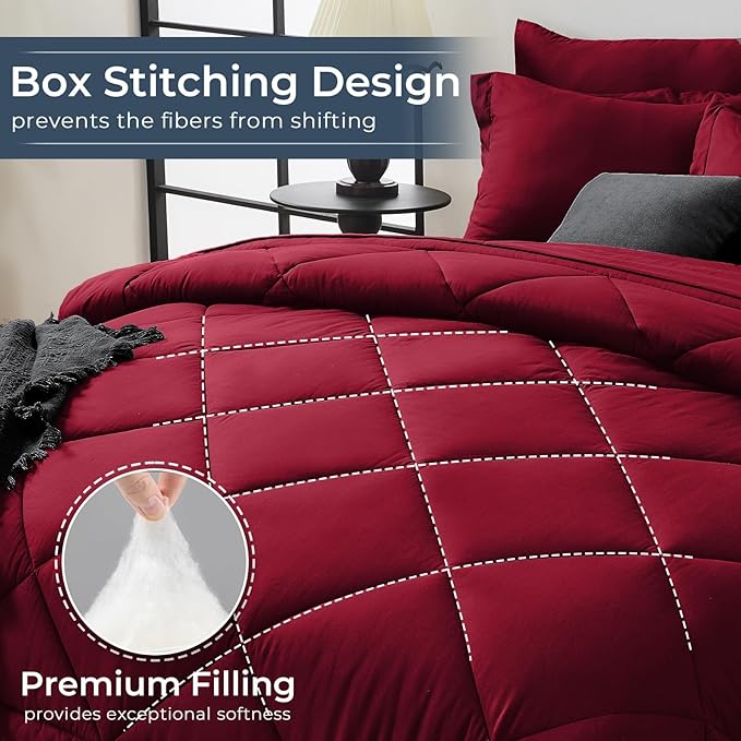 HEVUMYI Red Full Comforter Set - 7-Piece All Season Bed in a Bag Full, Ultra Soft Bedding Set with Comforter, Flat Sheet, Fitted Sheet, Pillowcases, Pillow Shams