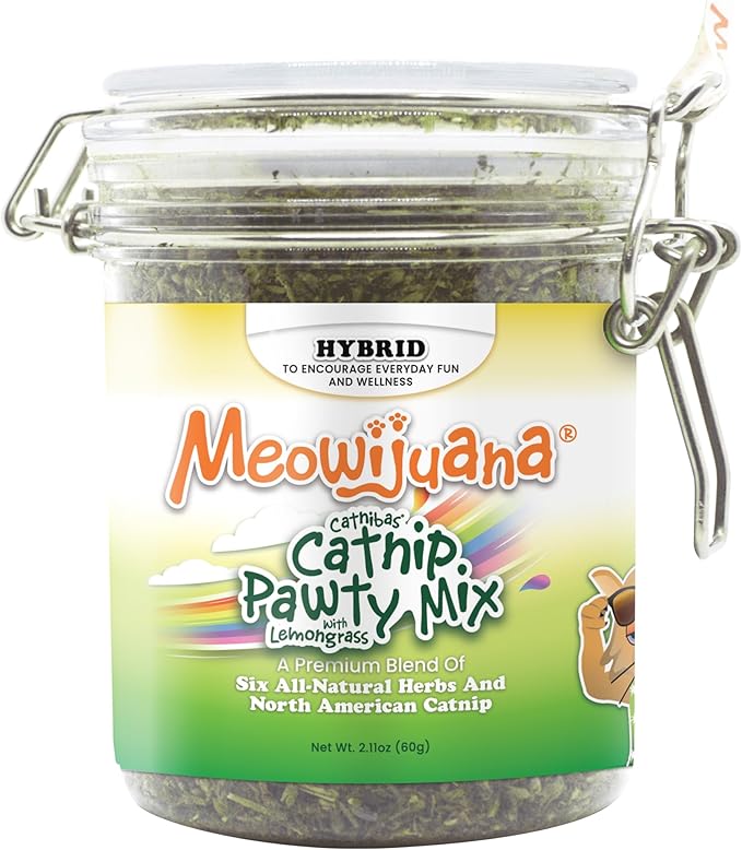 Meowijuana Catnibas Catnip Pawty Mix with Lemongrass Jar | Value Bulk Jar | Premium High Potency Catnip | Premium Hand Harvested North American Catnip | 60g-Mewly Pet