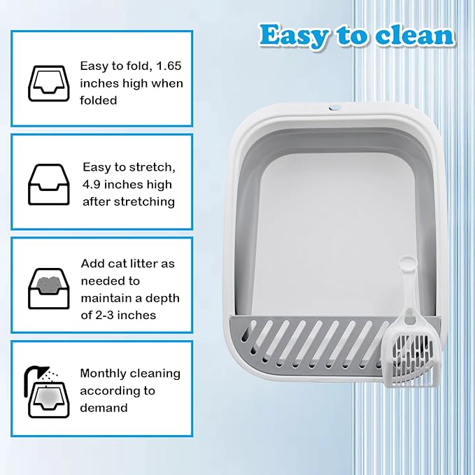 Collapsible Cat Litter Box,Open Potty Pan Cat Toilet Foldable Portable Cats Litter Box Travel Litter with Scoop,Waterproof Low Entrance for Kitten and Cat Toilet Easy Clean 17.7"×13.4"x4.9"(Grey)-Mewly Pet