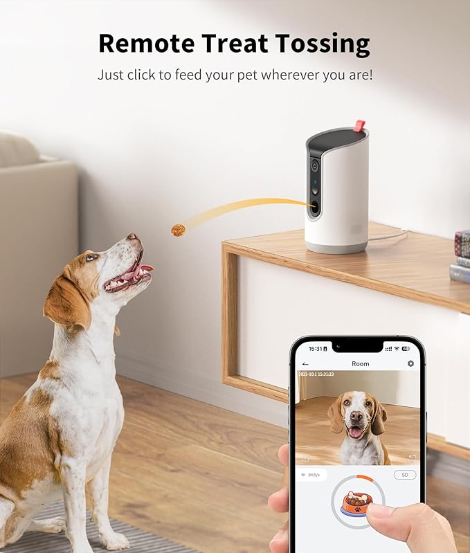 2K Pet Camera Treat Dispenser, 360°View Dog Camera with Phone App, 5G&2.4G WiFi 2-Way Talk Pet Cam Indoor for Cats Remote Treat Tossing, Motion Alerts, Auto Tracking-Mewly Pet