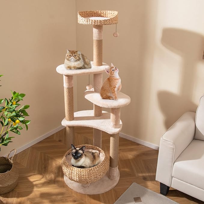 PETSITE 65 inch Cattail Cat Tree Tower, Multi-Level Cat Tower with Natural Jute Scratching Posts, Cat Bed, Top Perch, Dangling Balls and Jumping Platforms, Modern Tall Cat Tree for Indoor Cats-Mewly Pet