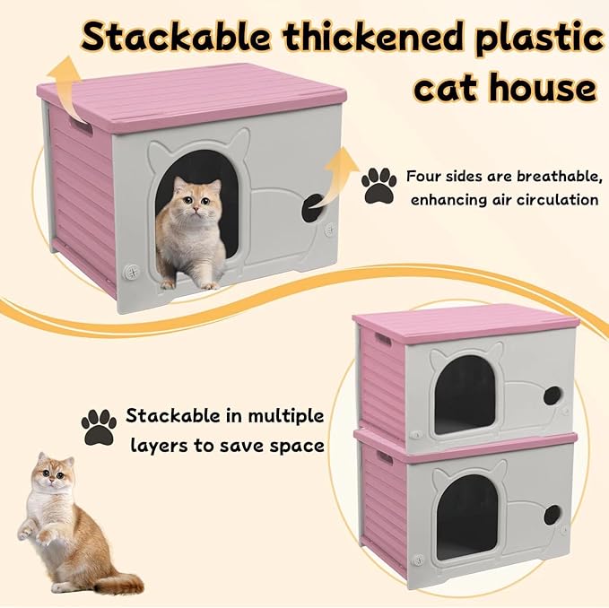 Plastic Outdoor Cat House Waterproof Feral Cat Shelter (Pink)-Mewly Pet