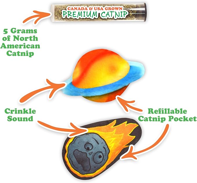 Meowijuana Refillable Cat Toys | Get Spacey - Planet and Meteor Catnip Toys | Includes Potent Hand Harvested Catnip Grown in North America | Promotes Play and Cat Health-Mewly Pet