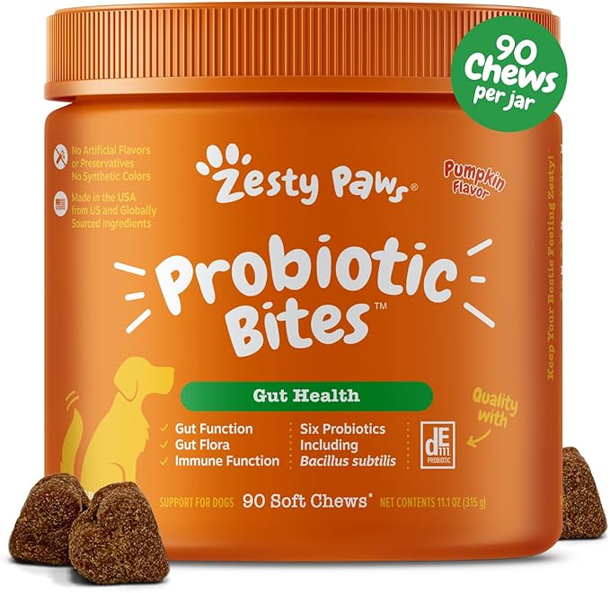 Zesty Paws Probiotics for Dogs - Digestive Enzymes for Gut Flora, Digestive Health, Diarrhea & Bowel Support - Clinically Studied DE111 - Dog Supplement Soft Chew for Pet Immune System - Pumpkin-Mewly Pet