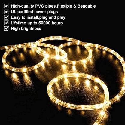 SURNIE LED Rope Lights Outdoor Warm White, Waterproof 10FT Cuttable 3000K Soft Lighting Indoor 110V Flexible Clear Tube for Bedroom Outside Garden Deck Patio Camping Decor, Not Flat Strip