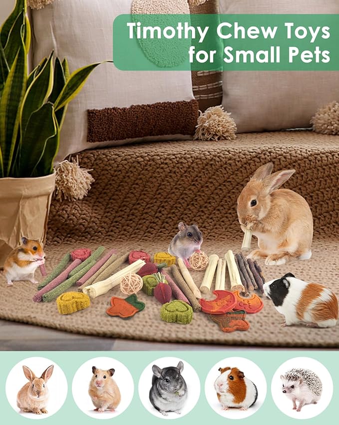ERKOON 33PCS Bunny Chew Toys for Rabbits Teeth, Natural Rabbit Toys Apple Wood Sticks, Carrot, Timothy Grass Toys for Small Pets, Hamster, Chinchilla, Guinea Pig Dental Care and Treat Teething Toys-Mewly Pet