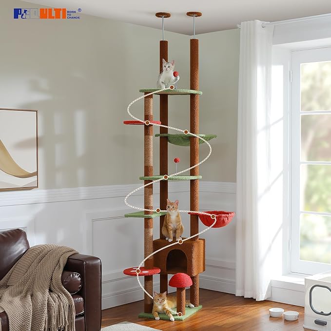 PEQULTI Mushroom Cat Tree Floor to Ceiling Cat Tower Adjustable Height (90.5''-100.4'' = 230cm-252cm) with Cat Condo, Cozy Hammock and Scratching Post, Tall Activity Tree for Indoor Cats, Brown-Mewly Pet
