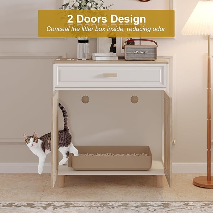 Cat Litter Box Enclosure Furniture Hidden Indoor 2-in-1 Wooden Cat House & Washroom Cabinet with Scratching Board Doors and Drawer, 31.5"x15.7"x34.6"H-Mewly Pet